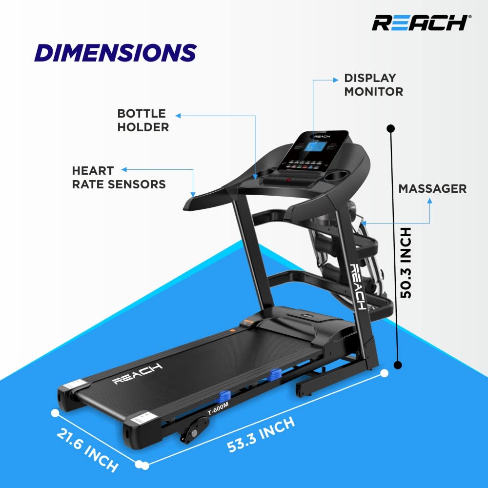 Reach T-600M 5 HP Peak Motorized Treadmill with Massager | Auto Incline | LCD Display | Foldable Machine with Bluetooth for Home Gym | Max Speed of 14 km/hr | Max User Weight 130kg