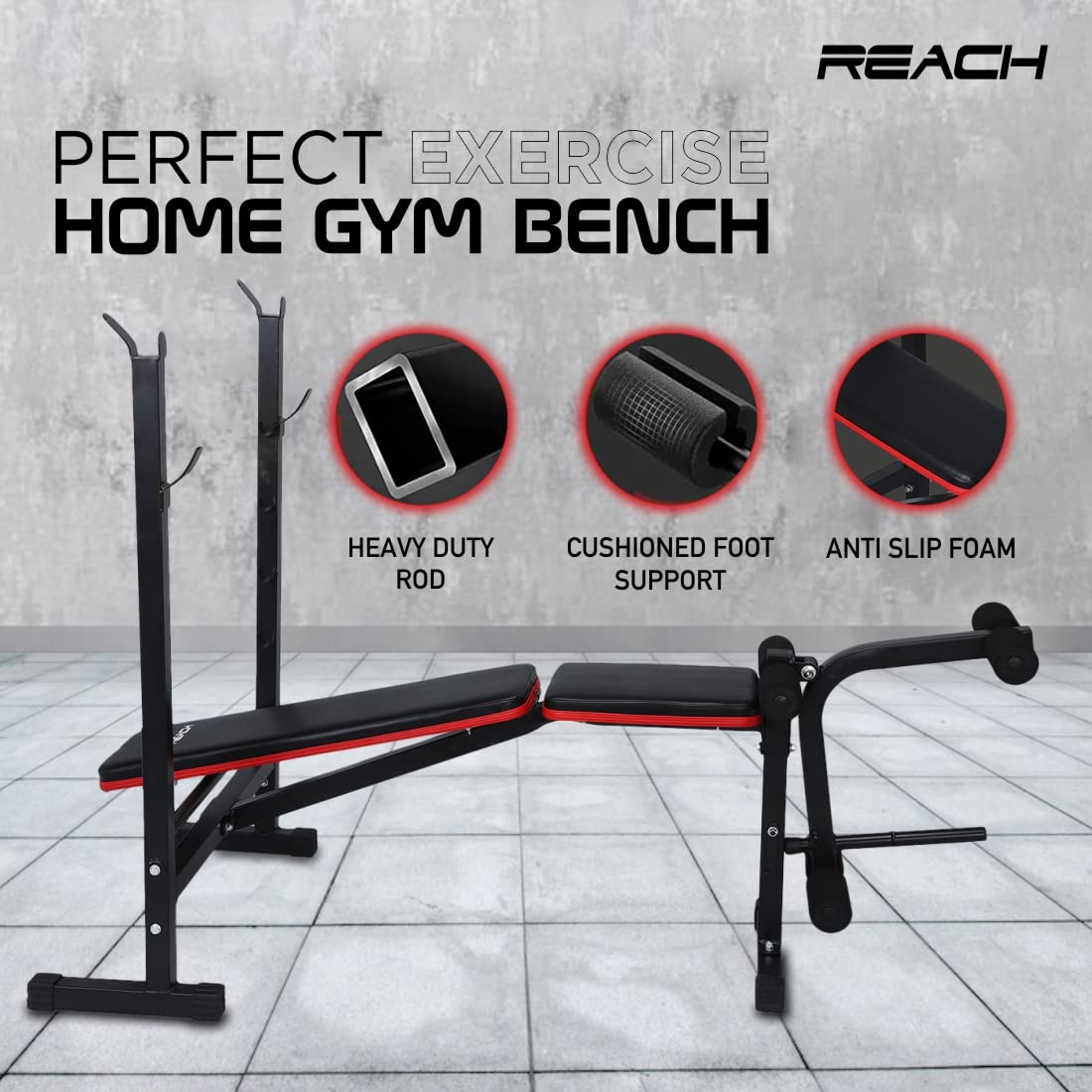 Reach Multipurpose Gym Bench for Home | Adjustable Positions | Full Body Workout Weight Training Bench | Soft Foam Padding | Incline/Decline Bench Press for Strength Training | Max User Weight 250kg