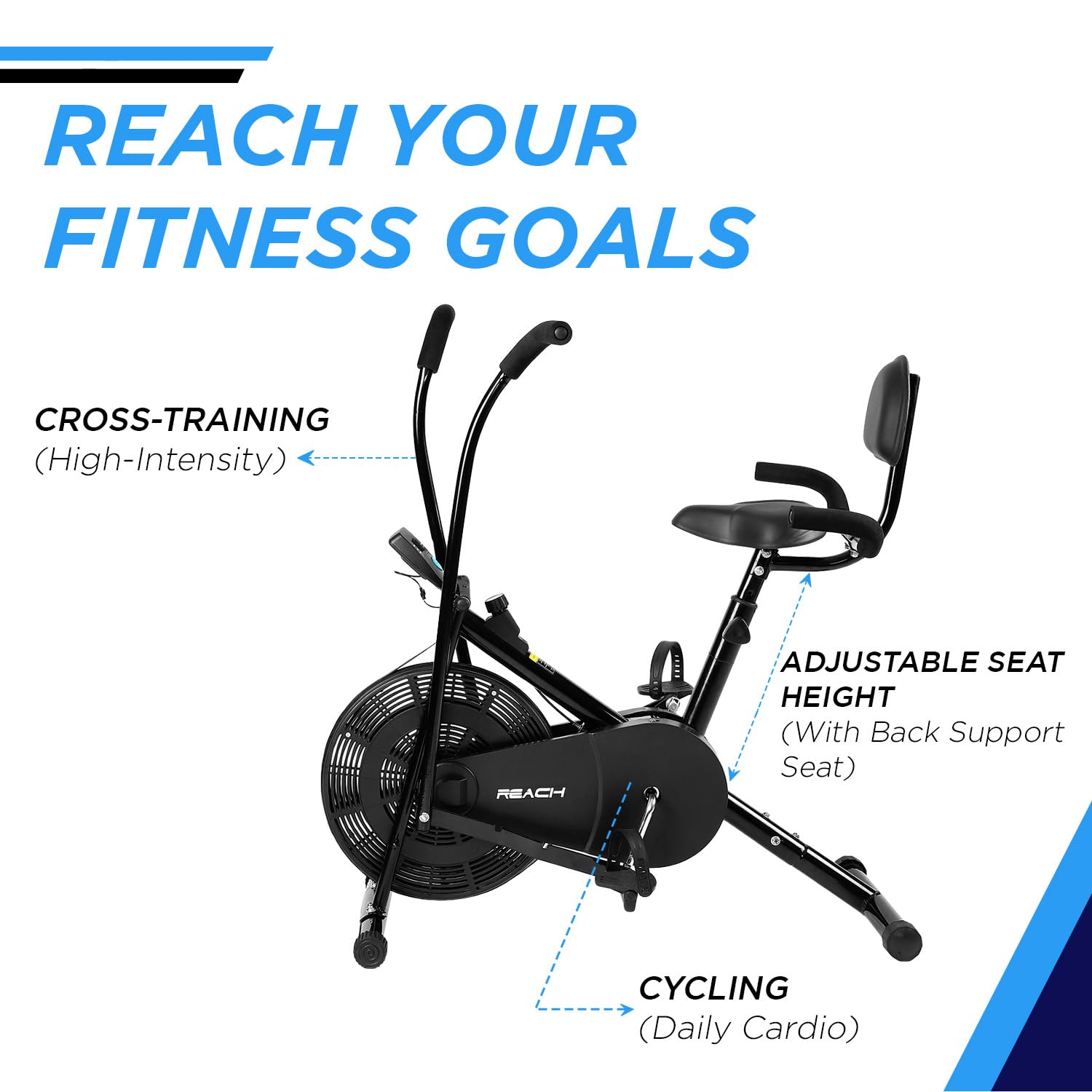 Reach AB-110 BH Air Bike Exercise Cycle with Moving or Stationary Handle | with Back Support Seat & Side Handle for Support | Adjustable Resistance with Cushioned Seat | Fitness Cycle for Home Gym