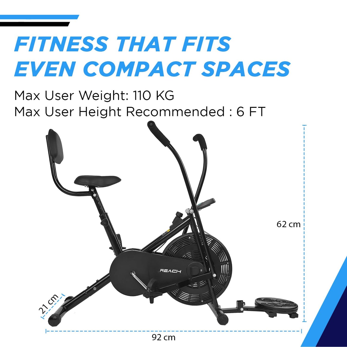 Reach AB-110 BST Air Bike Exercise Cycle with Moving or Stationary Handle | with Back Support Seat & Twister | Adjustable Resistance | Fitness Cycle for Home Gym