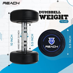 Reach Round Rubber Dumbbells 7.5 Kg Set of 2 for Men & Women | Gym Equipment Set for Home Gym Workout & Exercise | For Strength Training & Fitness Accessories & Tools