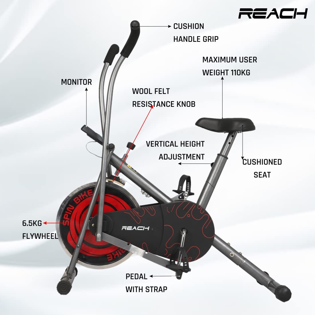 ELEV8 by Reach SB-200 Upright Spin Bike With 6.5 KG Flywheel | Exercise Cycle With Adjustable Resistance & LCD Display | For Home Gym Workout & Cardio | Max User Weight 110kgs | 12 Months Warranty