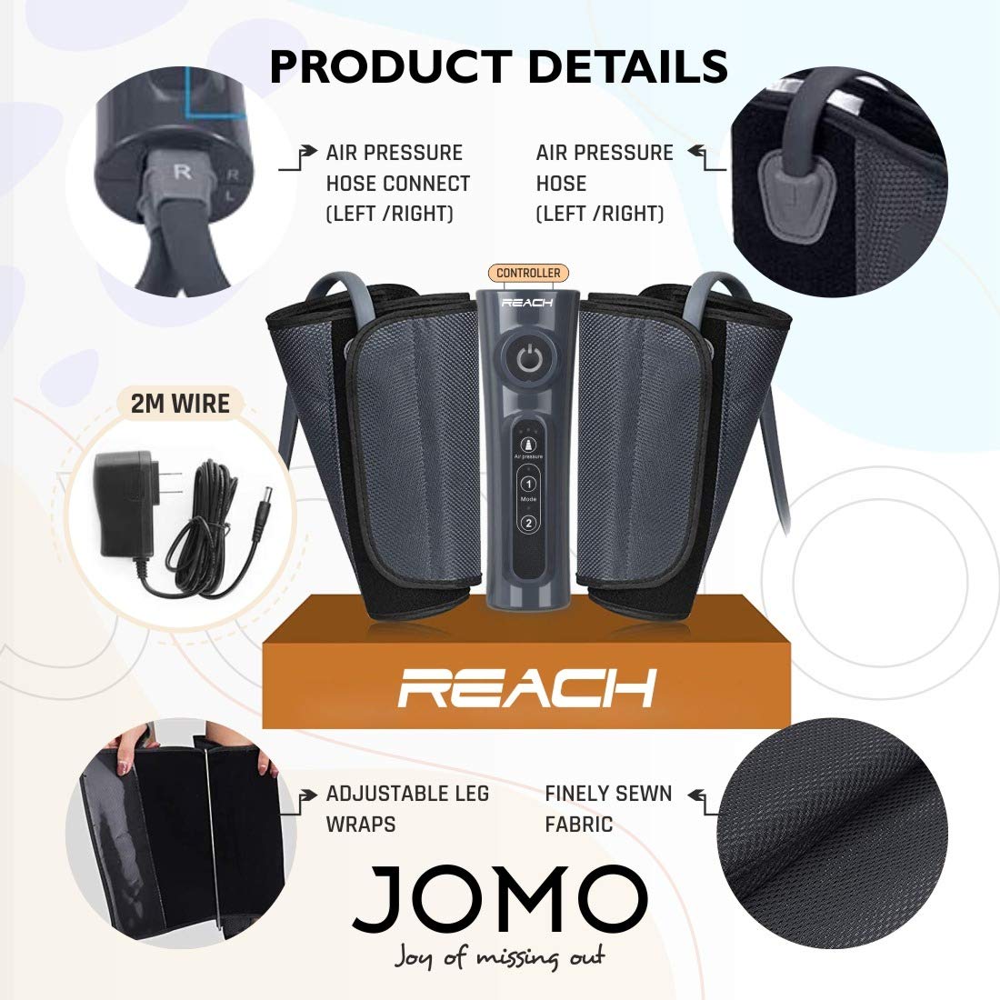 Reach Jomo Leg, Calf & Foot Massager | Air Compression Leg Massager for Pain Relief, Muscle Relaxation and Blood Circulation Portable Air Pressure Massager (Jomo)