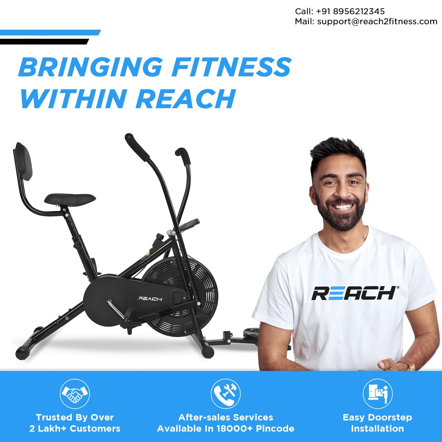 Reach AB-110 BST Air Bike Exercise Cycle with Moving or Stationary Handle | with Back Support Seat & Twister | Adjustable Resistance | Fitness Cycle for Home Gym