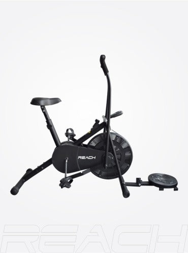 Reach air bike AB-110: At home exercise bike. Black air bike with twister attached on white background 
