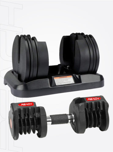 Reach Octane Adjustable Dumbbell. Dumbbell frame (all plates removed) and platform with weights shown seperately.