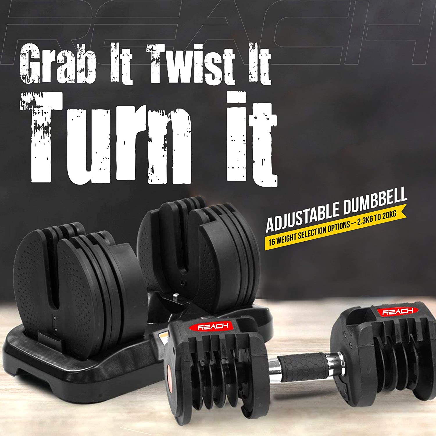 Reach Octane Adjustable Dumbbell has a TwistLock mechanism.