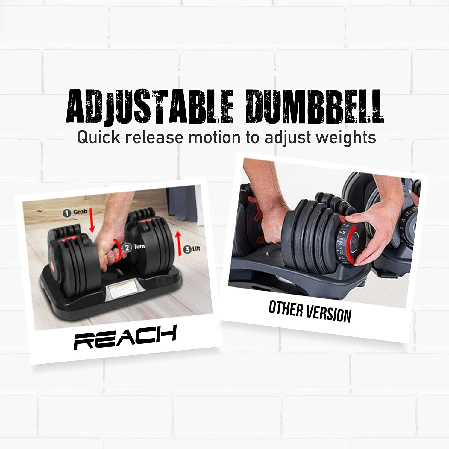 2 pictures contrasting how the TwistLock mechanism of Octane is different from the Bowflex version of adjustable dumbbells.