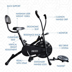 Detailed labelled diagram of parts of a black Reach Air Bike (moving handles) with back support and twister attached.